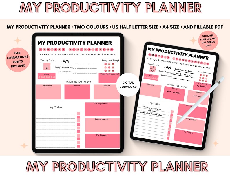 Op de afbeelding: Een digitale productiviteits planner met roze accenten. De planner bevat secties voor dagelijkse affirmaties, prioriteiten, takenlijsten en ochtend- en avondroutines. De tekst "MY PRODUCTIVITY PLANNER" staat bovenaan en onderaan de afbeelding.