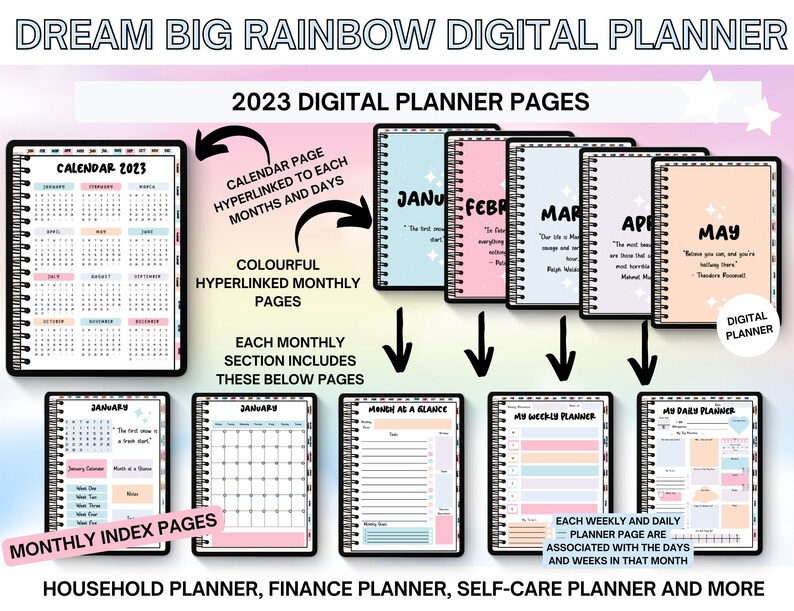 ADHD Digital Planner 2023, Dream Big Rainbow Digital Planner 2023, ADHD