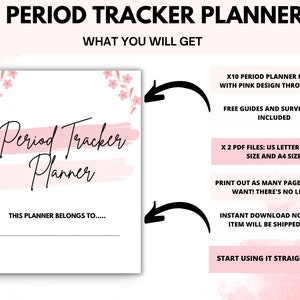Puede incluir: Un planificador de seguimiento del per&iacute;odo imprimible con dise&ntilde;os florales rosas. El planificador incluye 10 p&aacute;ginas, gu&iacute;as gratuitas y un kit de supervivencia. Est&aacute; disponible en tama&ntilde;os US Letter y A4.