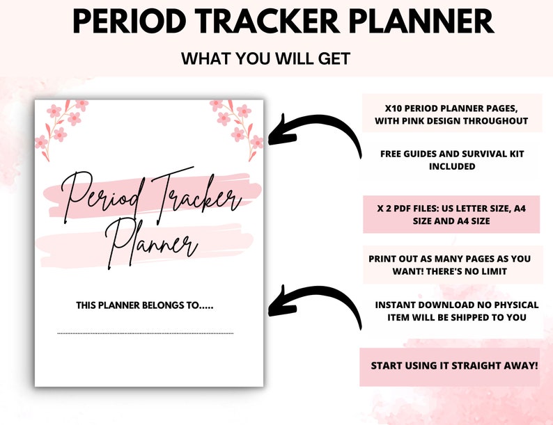 Puede incluir: Un planificador de seguimiento del per&iacute;odo imprimible con dise&ntilde;os florales rosas. El planificador incluye 10 p&aacute;ginas, gu&iacute;as gratuitas y un kit de supervivencia. Est&aacute; disponible en tama&ntilde;os US Letter y A4.