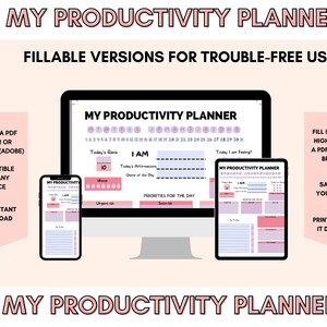 Op de afbeelding: Een digitale productiviteits planner met een roze en witte kleurstelling. De planner bevat secties voor dagelijkse taken, prioriteiten en reflecties. De tekst "MY PRODUCTIVITY PLANNER" staat bovenaan en onderaan de afbeelding.