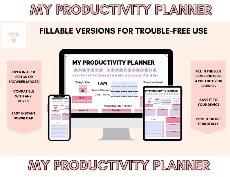 Op de afbeelding: Een digitale productiviteits planner met een roze en witte kleurstelling. De planner bevat secties voor dagelijkse taken, prioriteiten en reflecties. De tekst "MY PRODUCTIVITY PLANNER" staat bovenaan en onderaan de afbeelding.