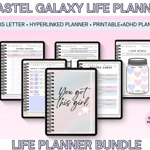 May include: A digital planner bundle with a pastel galaxy theme. The bundle includes pages for savings tracking, monthly cleaning, fighting your fears, recipes, and self-love. The cover page features the text "You got this girl" with a pastel galaxy background.