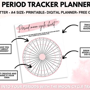 Puede incluir: Planificador de seguimiento del per&iacute;odo imprimible con un gr&aacute;fico del ciclo lunar. El gr&aacute;fico es un c&iacute;rculo con 28 secciones para rastrear tu per&iacute;odo y las fases lunares. El texto dice "Period moon cycle chart" y "Mark the first day of your period as day 1 in any of the slices and create today's moon (you can google this)".