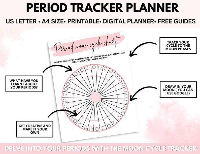 Puede incluir: Planificador de seguimiento del per&iacute;odo imprimible con un gr&aacute;fico del ciclo lunar. El gr&aacute;fico es un c&iacute;rculo con 28 secciones para rastrear tu per&iacute;odo y las fases lunares. El texto dice "Period moon cycle chart" y "Mark the first day of your period as day 1 in any of the slices and create today's moon (you can google this)".