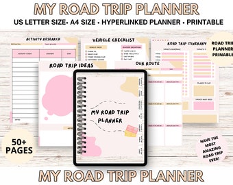 Könnte beinhalten: Ein rosa-beiger, druckbarer Roadtrip-Planer mit dem Text "My Road Trip Planner" auf dem Cover. Der Planer enthält Abschnitte für die Recherche von Aktivitäten, die Fahrzeug-Checkliste, Roadtrip-Ideen, die Reiseroute und unsere Route. Der Planer umfasst über 50 Seiten.