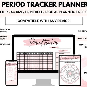 Puede incluir: Un planificador de seguimiento del per&iacute;odo digital imprimible con un fondo de acuarela rosa. El planificador incluye un calendario, un gr&aacute;fico del ciclo lunar y una clave para el seguimiento del manchado. El texto "Period Tracker" est&aacute; escrito en cursiva rosa en la p&aacute;gina del calendario. El texto "Digital PDF" est&aacute; escrito en blanco sobre un fondo rosa.