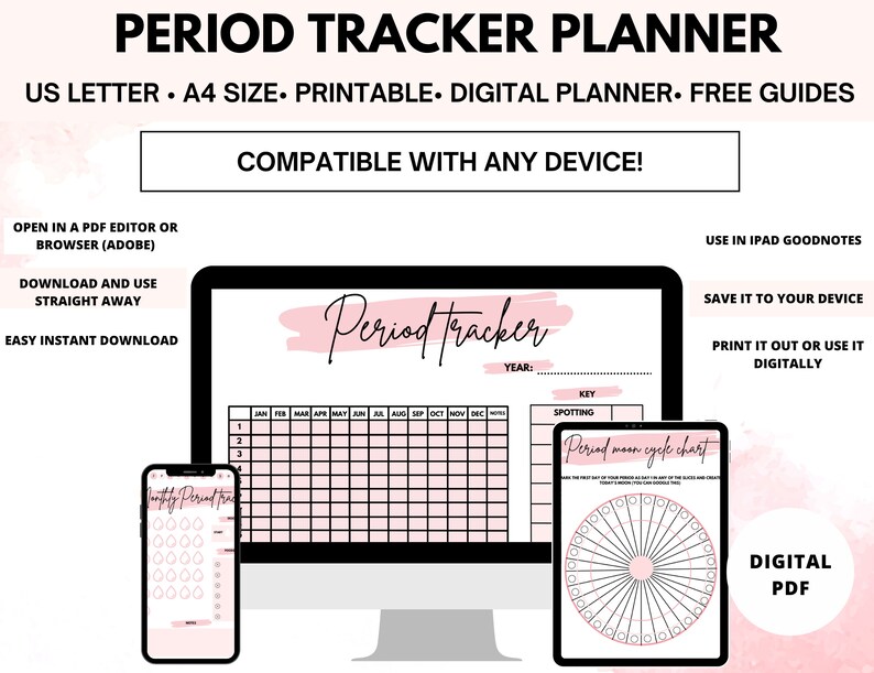 Puede incluir: Un planificador de seguimiento del per&iacute;odo digital imprimible con un fondo de acuarela rosa. El planificador incluye un calendario, un gr&aacute;fico del ciclo lunar y una clave para el seguimiento del manchado. El texto "Period Tracker" est&aacute; escrito en cursiva rosa en la p&aacute;gina del calendario. El texto "Digital PDF" est&aacute; escrito en blanco sobre un fondo rosa.