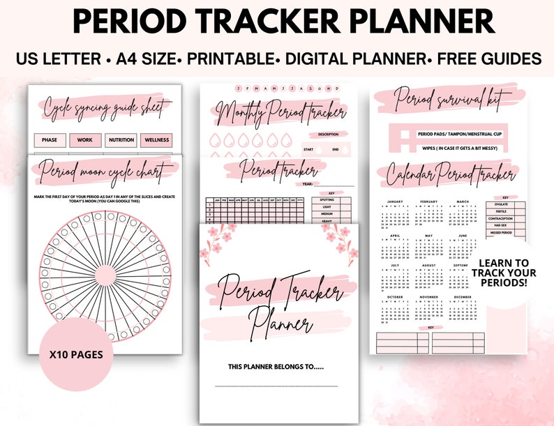 Puede incluir: Un planificador de seguimiento del per&iacute;odo imprimible con acentos rosados. El planificador incluye una hoja de gu&iacute;a de sincronizaci&oacute;n del ciclo, un gr&aacute;fico del ciclo lunar del per&iacute;odo, un seguimiento mensual del per&iacute;odo, un seguimiento del per&iacute;odo en un calendario y una lista de verificaci&oacute;n del kit de supervivencia del per&iacute;odo. El planificador tiene 10 p&aacute;ginas y dice "Este planificador pertenece a..."