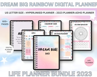 Planificateur numérique TDAH 2023, planificateur numérique Dream Big Rainbow 2023, ensemble de planificateur de vie TDAH et planificateur numérique daté