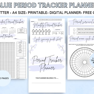 Blue Period Tracker Printable, Record and Track Your Periods in Your Period Journal, Includes Moon Tracker Calendar & Period Guides