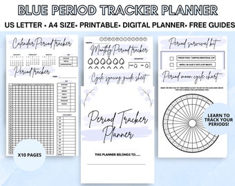 Blue Period Tracker Printable, Record and Track Your Periods in Your Period Journal, Includes Moon Tracker Calendar & Period Guides