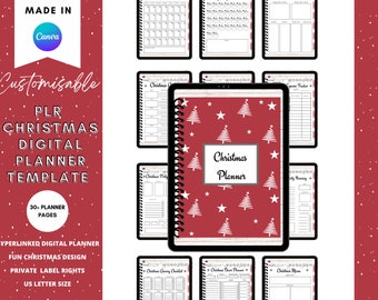 May include: A digital Christmas planner template with 30+ pages. The cover features a red background with white Christmas trees and stars. The text "Christmas Planner" is in a white box on the cover.