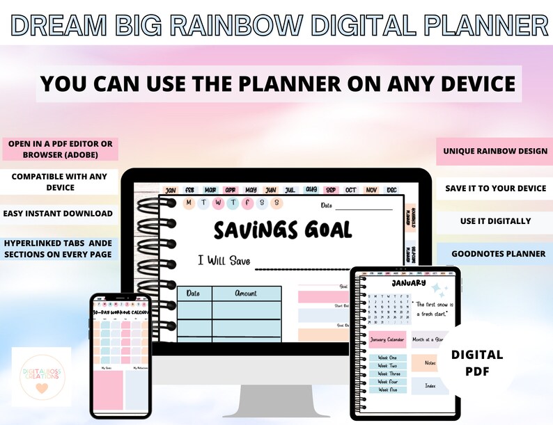 ADHD Digital Planner 2023, Dream Big Rainbow Digital Planner 2023, ADHD