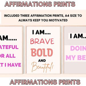 Op de afbeelding: Drie printbare affirmatieposters in A4-formaat met roze, perzikkleurige en witte achtergronden. De tekst op de posters luidt "Ik ben... dankbaar voor alles wat ik heb", "Ik ben... dapper, stout en mooi!" en "Ik ben... Ik doe mijn best!"
