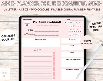 May include: A pink and white digital planner with the text "My ADHD Planner for My Beautiful Mind" on a tablet screen. The planner includes sections for affirmations, to-do lists, daily tracking, and gratitude journaling. The image also includes the text "Organise Your Life" and "For the Beautiful Mind".
