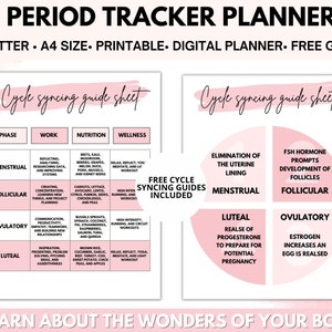 Puede incluir: Un planificador imprimible rosa y blanco con el t&iacute;tulo "Period Tracker Planner" y el texto "Cycle syncing guide sheet". El planificador incluye un cuadro con las fases del ciclo menstrual, consejos de trabajo, nutrici&oacute;n y bienestar para cada fase.
