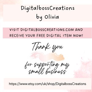 Puede incluir: Un fondo de acuarela rosa y blanco con el texto "DigitalbossCreations by Olivia" y el mensaje "VISITA DIGITALBOSSCREATIONS.COM Y RECIBE TU ART&Iacute;CULO DIGITAL GRATIS AHORA! Gracias por apoyar mi peque&ntilde;o negocio https://www.etsy.com/uk/shop/DigitalbossCreations"