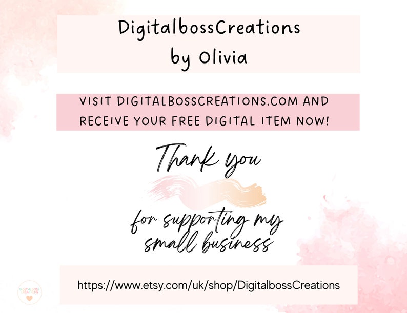 Puede incluir: Un fondo de acuarela rosa y blanco con el texto "DigitalbossCreations by Olivia" y el mensaje "VISITA DIGITALBOSSCREATIONS.COM Y RECIBE TU ART&Iacute;CULO DIGITAL GRATIS AHORA! Gracias por apoyar mi peque&ntilde;o negocio https://www.etsy.com/uk/shop/DigitalbossCreations"