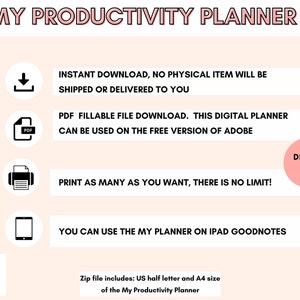 Op de afbeelding: Een roze en witte afbeelding met de tekst "MY PRODUCTIVITY PLANNER" in een roze kader. De afbeelding bevat vier pictogrammen met tekst die de functies van een digitale planner beschrijven: direct downloaden, PDF-bestand om te vullen, zo vaak als je wilt printen en gebruiken op iPad Goodnotes. De afbeelding bevat ook de tekst "DIGITAL PDF" in een roze cirkel.