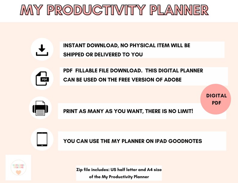 Op de afbeelding: Een roze en witte afbeelding met de tekst "MY PRODUCTIVITY PLANNER" in een roze kader. De afbeelding bevat vier pictogrammen met tekst die de functies van een digitale planner beschrijven: direct downloaden, PDF-bestand om te vullen, zo vaak als je wilt printen en gebruiken op iPad Goodnotes. De afbeelding bevat ook de tekst "DIGITAL PDF" in een roze cirkel.