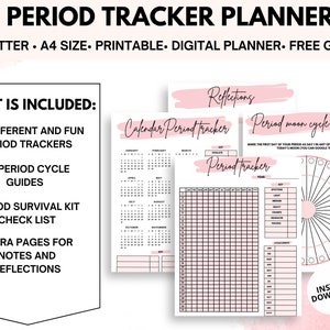 Puede incluir: Planificador de seguimiento del per&iacute;odo imprimible con acentos rosados. Incluye tres rastreadores de per&iacute;odos diferentes, dos gu&iacute;as de ciclo del per&iacute;odo, una lista de verificaci&oacute;n del kit de supervivencia del per&iacute;odo y p&aacute;ginas adicionales para notas y reflexiones. Descarga instant&aacute;nea.