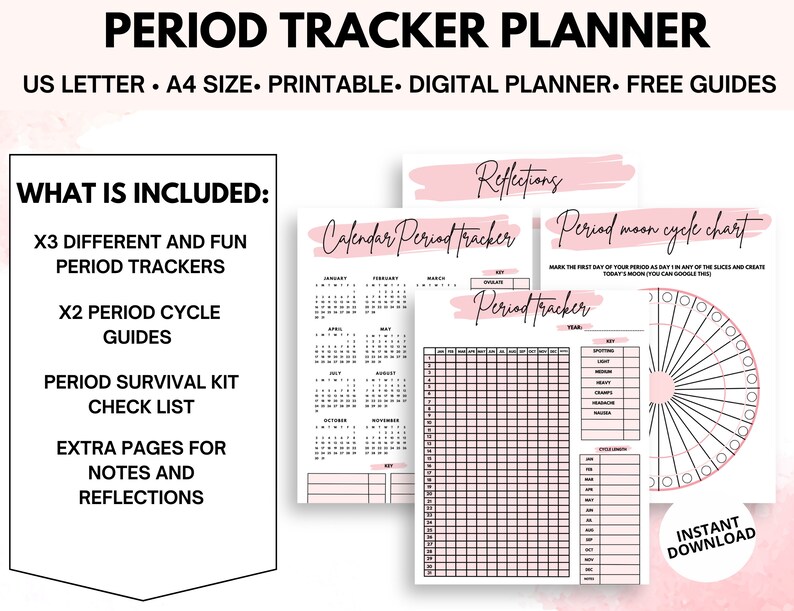 Puede incluir: Planificador de seguimiento del per&iacute;odo imprimible con acentos rosados. Incluye tres rastreadores de per&iacute;odos diferentes, dos gu&iacute;as de ciclo del per&iacute;odo, una lista de verificaci&oacute;n del kit de supervivencia del per&iacute;odo y p&aacute;ginas adicionales para notas y reflexiones. Descarga instant&aacute;nea.