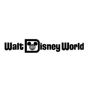 May include: Black and white logo for Walt Disney World, featuring the iconic Mickey Mouse head with a globe inside, and the text "Walt Disney World".