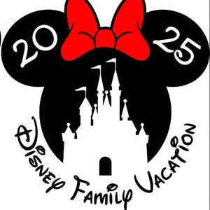 May include: Black and white silhouette of Mickey Mouse ears with a red bow on top. The ears have the numbers 20 and 25 on them. Inside the ears is a white silhouette of Cinderella's castle. The text "Disney Family Vacation" is written around the castle.