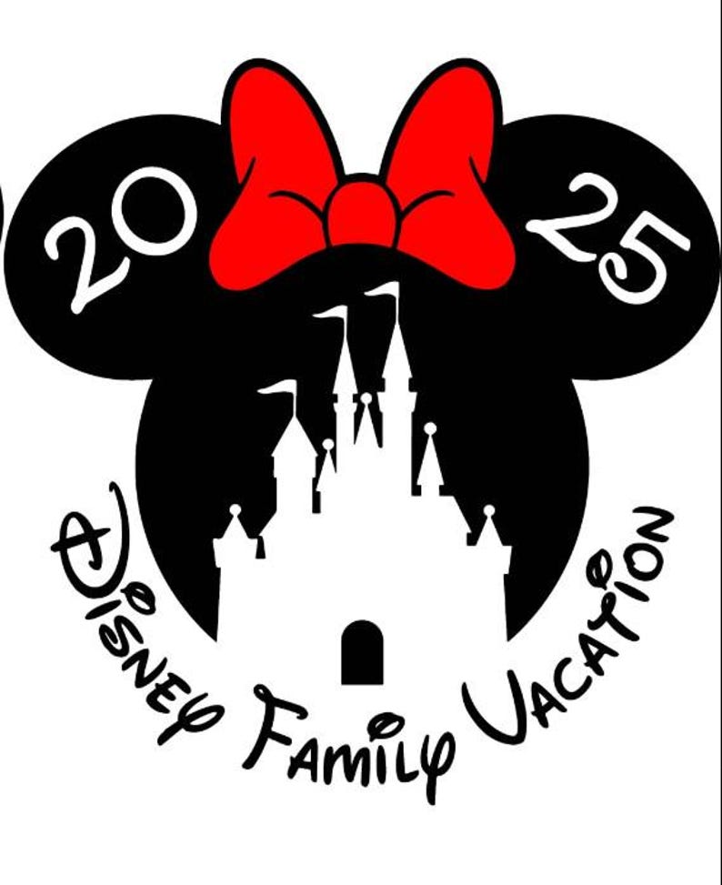 May include: Black and white silhouette of Mickey Mouse ears with a red bow on top. The ears have the numbers 20 and 25 on them. Inside the ears is a white silhouette of Cinderella's castle. The text "Disney Family Vacation" is written around the castle.