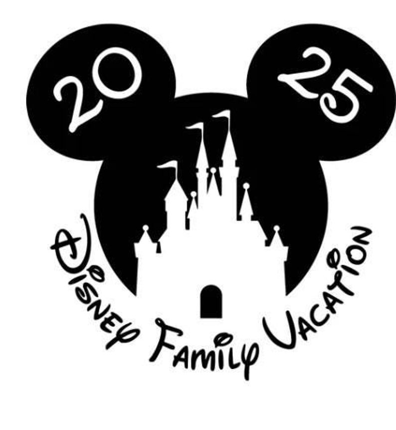 May include: Black and white silhouette of Mickey Mouse ears with the numbers 20 and 25 inside the ears. The silhouette is centered over a white silhouette of Cinderella's castle. The text "Disney Family Vacation" is written in a circle around the silhouette.