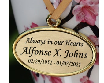 Gold Oval Engraved Pendant - Hanging Plate Medallion Plaque for Urns with Black Engraving -  Includes Smooth Satin Ribbon - Made in Brass