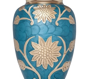 Blue Flower Funeral Urn - Cremation Urn for Human Ashes - Brass - Cemetery Burial - Rose - Large Size fits Remains of Adults up to 200 lbs