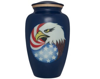 American Eagle and Flag Funeral Urn - Cremation Urn - Aluminum - Large Size fits Remains of Adults up to 200 lbs - Veteran Patriotic urn