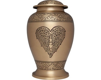Angel Heart Cremation Urn - Gold Winged Funeral Urn for Human Ashes - Detailed Engraving - 100% Brass - Adult Large Size up to 200 lbs