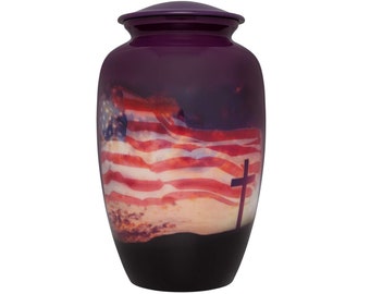 Flag and Cross Funeral Urn - Cremation Urn - Aluminum - Large Size fits Remains of Adults up to 200 lbs - Veteran Patriotic urn