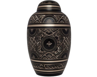 Black and Gold Cremation Urn for Human Ashes - Hand Made Brass - Fits Remains of Adults up to 200 lbs -Cemetery Burial or Niche
