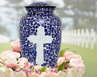 Blue Cross Glass Cremation Urn - Catholic Funeral Urn for Human Ashes - Hand Made Aluminum  & Glass - Large Size for Adults up to 200 lbs