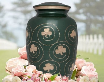 Irish Green Funeral Urn - Shamrock Cremation Urn for Human Ashes - Hand Made Brass - Suitable for Cemetery Burial - Large Size 200 lbs