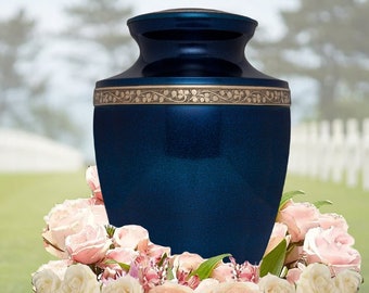 Blue Funeral Urn for Human Ashes - Hand Made in Brass - For Cemetery Burial or Niche - Large Size fits Remains of Adults up to 200 lbs