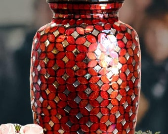 Handmade Red Mosaic Glass Cremation Urn: Adult Funeral Urn (200 cu in)