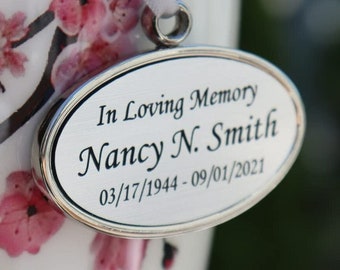 Silver Oval Engraved Pendant - Hanging Plate Medallion Plaque for Urns with Black Engraving - Includes Smooth Satin Ribbon - Made in Brass