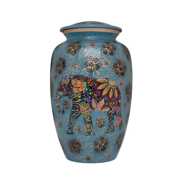 Elephant Funeral Cremation Urn - Hand Painted Made in Aluminum - Large Adult Size - one of a kind work of art - 200 cu in