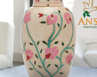 White Flower Funeral Urn for Human Ashes - Burial urn with Lacquer Finish - 100% Brass - Cream Color - Full Size 10 Inches and 200 cu in