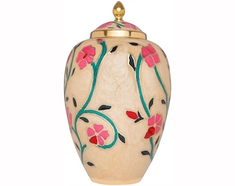 Beige Cremation Urn with Colorful Flowers Urn for Human Ashes - Hand Made in Brass - Large Size fits Remains of Adults up to 200 lbs