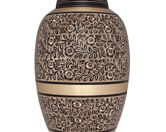 Black Floral Cremation Urn for Human Ashes with Gold Engraving - Hand Made Brass - Fits Cremations of Adults up to 200 lbs