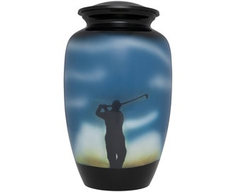 Golf Cremation Urn - Beautifully Painted Colorful Evening Round for a Loved Golfer - Funeral Urn in Aluminum - Large / Adult for Human Ashes