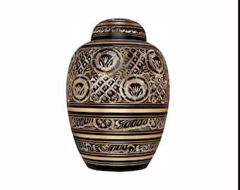 Black Cremation Urn for Human Ashes with Gold Engraving - Hand Made Brass - Fits Remains of Adults up to 200 lbs -Cemetery Burial or Niche