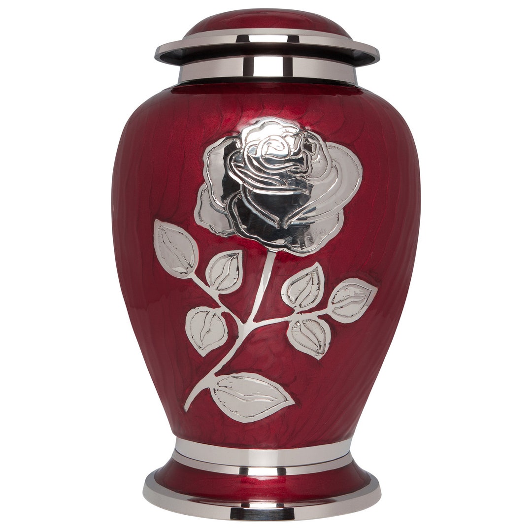 Silver Rose Cremation Urn Funeral Urn With Large Flower on Red Enamel