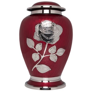 Silver Rose Cremation Urn - Funeral Urn with Large Flower on Red Enamel - Burial Urn for Human Ashes Adult Size - 100% Brass